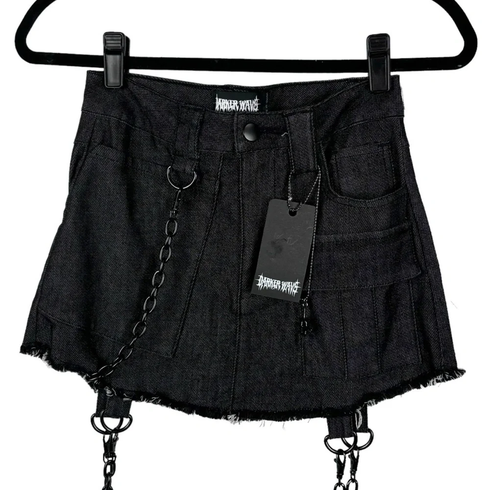 DOLLS KILL DARKER WAVS BLACK WASHED CARGO MINI SKIRT CHAIN GARTER LEG WARMERS - Picture 4 of 12